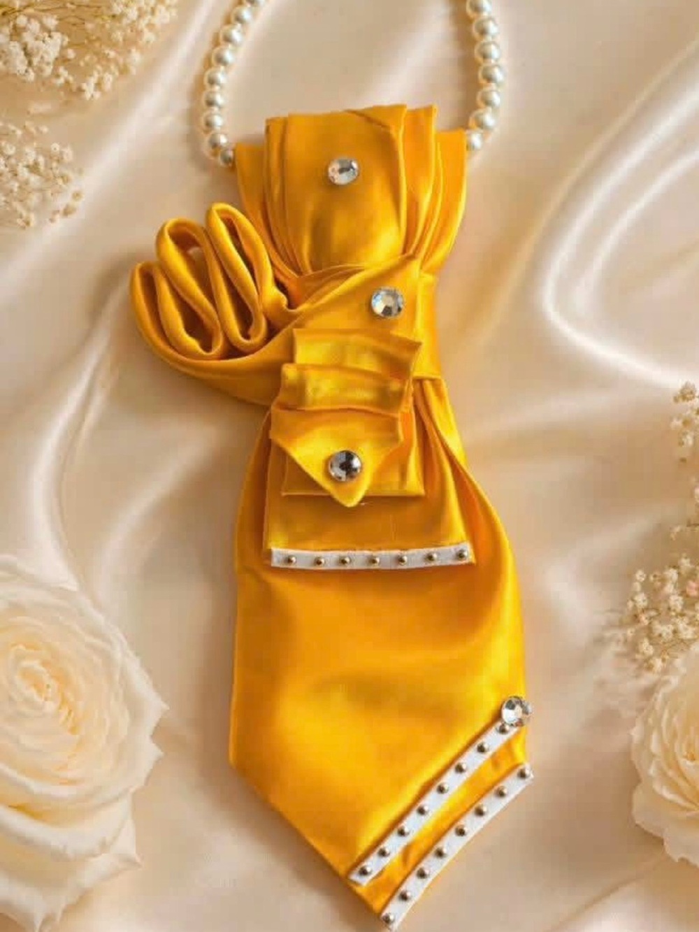 Yellow Satin Statement Necklace Tie with Rhinestones